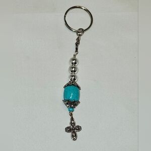 Elegant Turquoise Stone Silver-Toned Ornate Cross Keychain Keyring Handmade